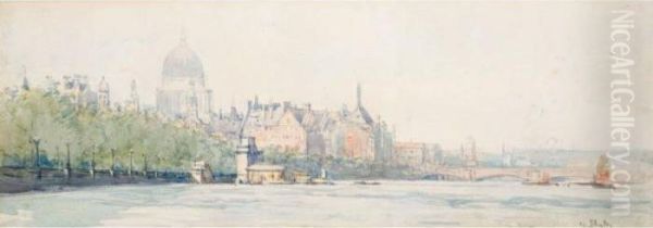 St Paul's And The Thames With Blackfriar's Bridge Oil Painting by Arthur Ernest Streeton