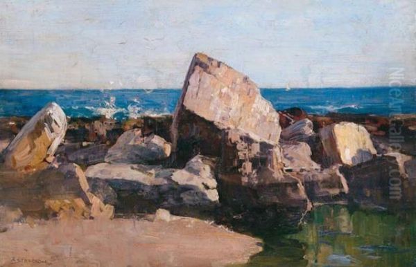 Rocks And Ocean 1921 Oil Painting by Arthur Ernest Streeton