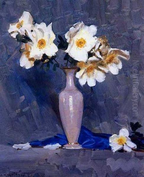 Roses In A Cream Vase Oil Painting by Arthur Ernest Streeton