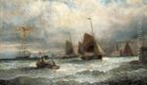 Fishing Smacks At The Entrance To The Harbour Oil Painting by William A. Thornley Or Thornber