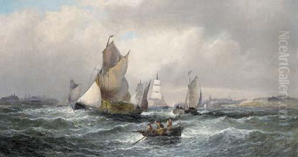 Hay Barges At The Mouth Of The Medway; And Shipping In A Calm Off The South Coast Oil Painting by William A. Thornley Or Thornber