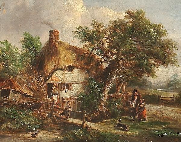 A Family Before A Cottage; Cows Resting By A Farm Gate. Oil Painting by Joseph Thors