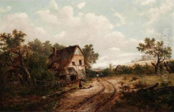 Landscape With Figures Outside A Cottage Oil Painting by Joseph Thors