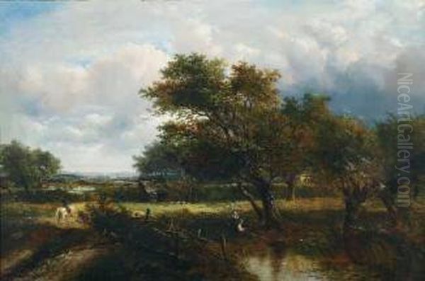 Children Fishing At A Pond In An Extensive Landscape Oil Painting by Joseph Thors