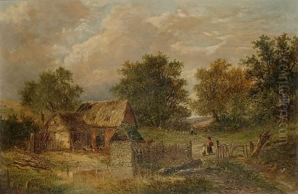 Chickens Before A Barn, With Figures By A Gate Oil Painting by Joseph Thors