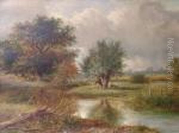 A River Landscapewith Angler Oil Painting by Joseph Thors