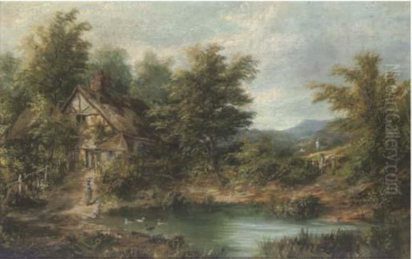 Figures By A Pond, With A Cottage Beyond Oil Painting by Joseph Thors