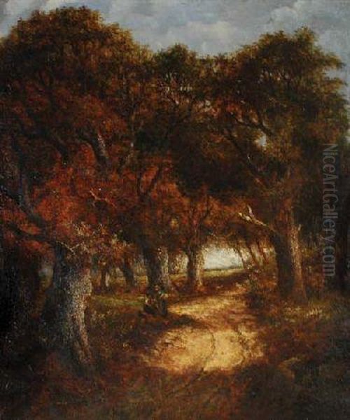 Figures Along A Woodland Path Oil Painting by Joseph Thors