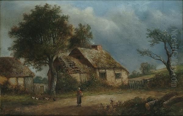 A Figure And Chickens Before A Cottage Oil Painting by Joseph Thors