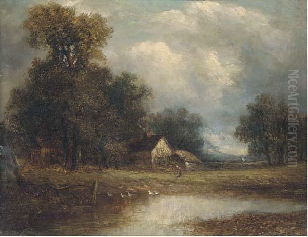 Figure And Cottage By A Pond Oil Painting by Joseph Thors