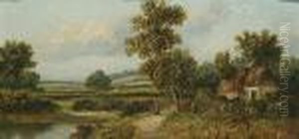 A River Landscape With A Figure By A Cottage Oil Painting by Joseph Thors