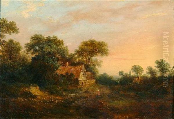 A Figure On A Pathway By A Country Cottage At Dusk Oil Painting by Joseph Thors