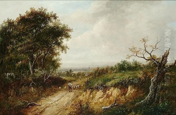 A Shepherd And His Flock On A Country Lane, A Village Beyond Oil Painting by Joseph Thors