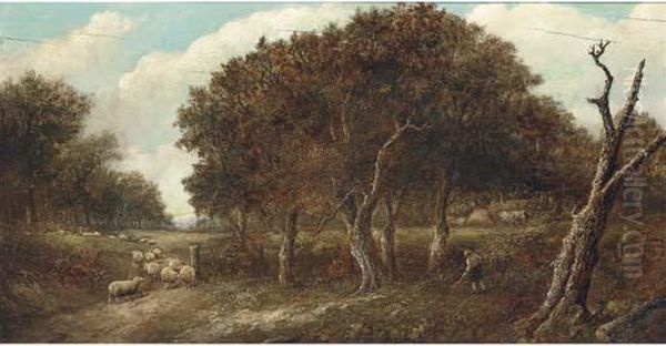 A Shepherd With His Flock In A Wooded Landscape Oil Painting by Joseph Thors