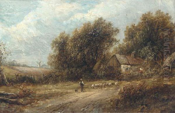 Shepherd And His Flock On A Track Oil Painting by Joseph Thors