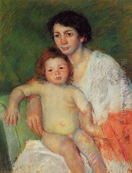 Nude Baby on Mother's Lap Resting Her Arm on the Back of the Chair Oil Painting by Mary Cassatt