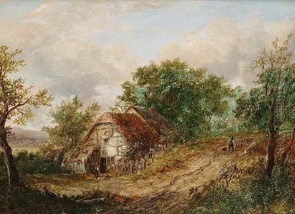 Country Landscape With Timbered Cottage In The Foreground, A Figure On A Track Oil Painting by Joseph Thors