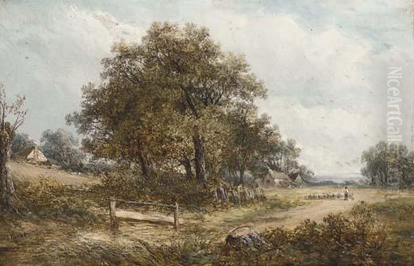 A Shepherd And His Flock In A Wooded Landscape Oil Painting by Joseph Thors