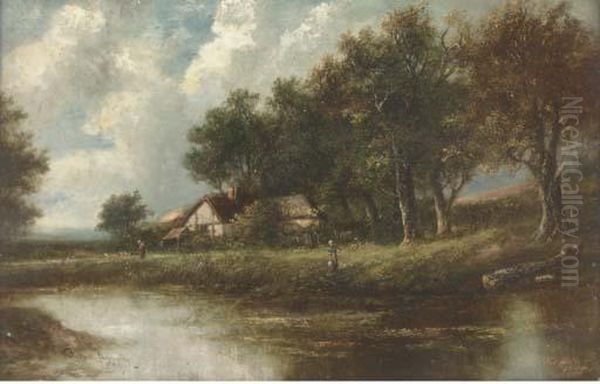 Figures By A River In A Wooded Landscape Oil Painting by Joseph Thors