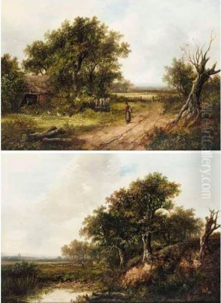 Feeding The Chickens; Wooded Landscape Oil Painting by Joseph Thors