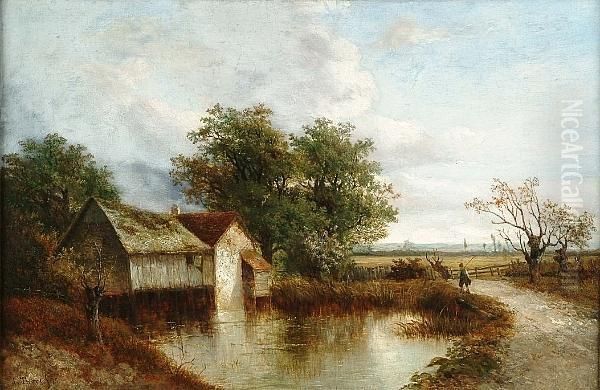 A Figure By A Small Pool With A Cottage Beyond Oil Painting by Joseph Thors