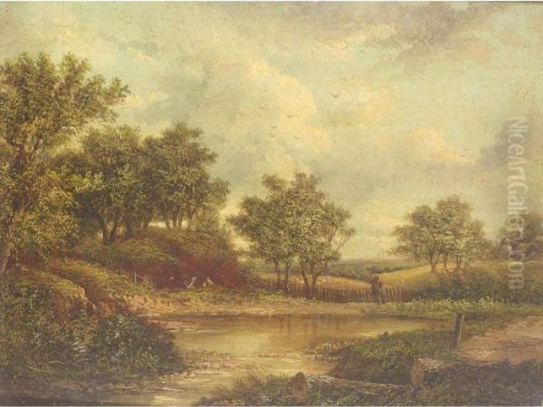 Woodland Pond With Figures Oil Painting by Joseph Thors