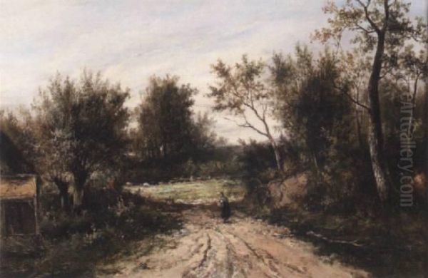 A Figure Walking On A Country Lane Oil Painting by Joseph Thors