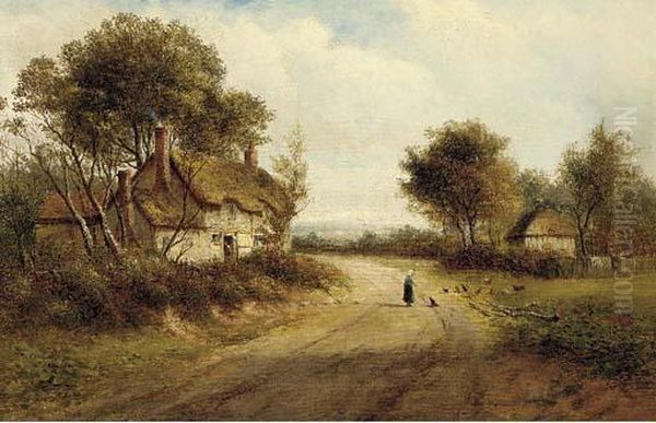 Feeding The Chickens; And Figures In A Punt In A Wooded Landscape Oil Painting by Joseph Thors