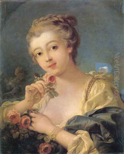 Young Woman With A Bouquet Of Roses Oil Painting by Francois Boucher