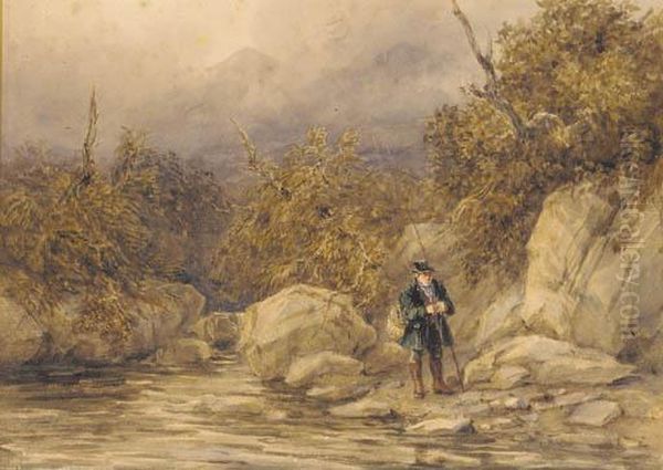 A Fisherman At The Edge Of A River, North Wales Oil Painting by David I Cox