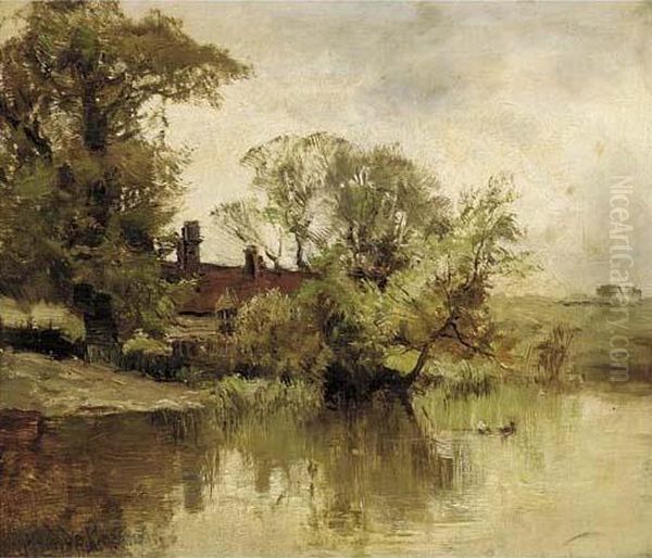 A Riverside Farm Oil Painting by Alfred de Breanski