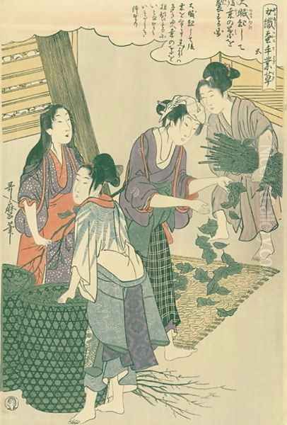 The great awakening of the silk worms, no.5 from Joshoku kaiko tewaza-gusa, c.1800 Oil Painting by Kitagawa Utamaro