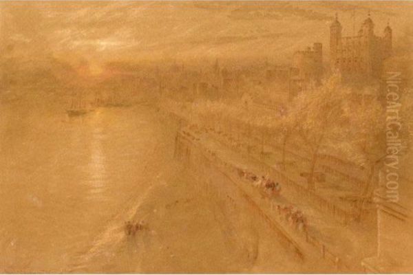 A City Sunset, The Tower Of London From Tower Bridge Oil Painting by Albert Goodwin