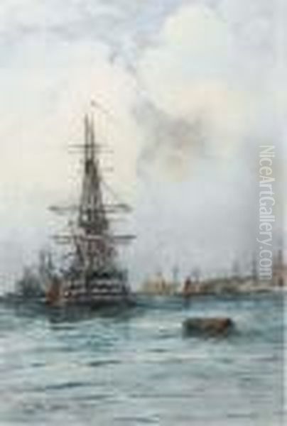 H.m.s. Duke Of Wellington, Portsmouth Harbour Oil Painting by Thomas Bush Hardy