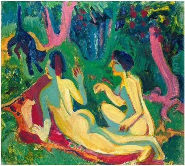 Akte Im Wald Mit Katze (nudes In A Wood With Cat) Oil Painting by Ernst Ludwig Kirchner