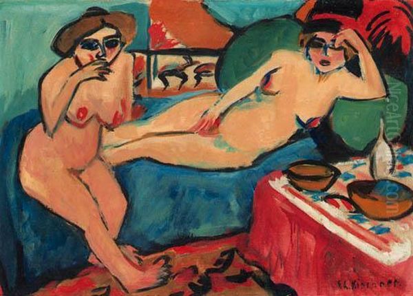 Zwei Akte Auf Blauem Sofa Oil Painting by Ernst Ludwig Kirchner