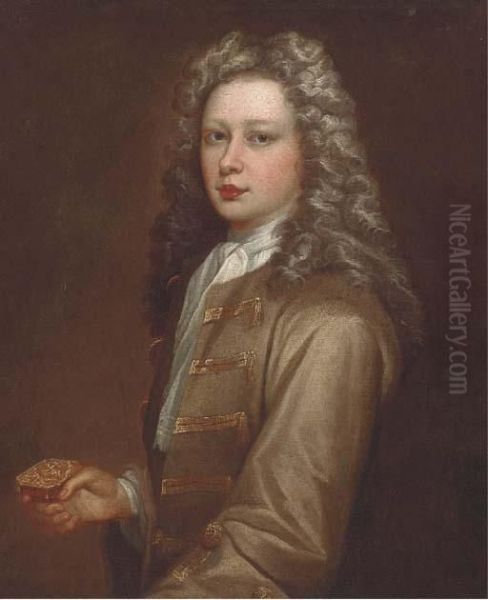 Portrait Of Edmund Kershaw 
(b.1701), Half-length, Wearing An Olivejacket, White Cravat, And Holding
 A Silver Box Oil Painting by Sir Godfrey Kneller