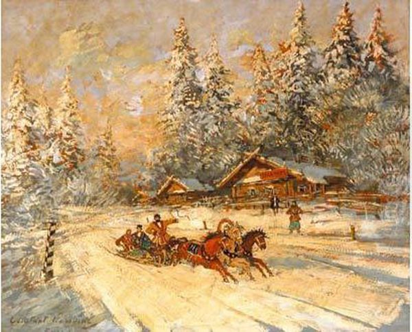 Troika Dans Le Village Enneige Oil Painting by Konstantin Alexeievitch Korovin