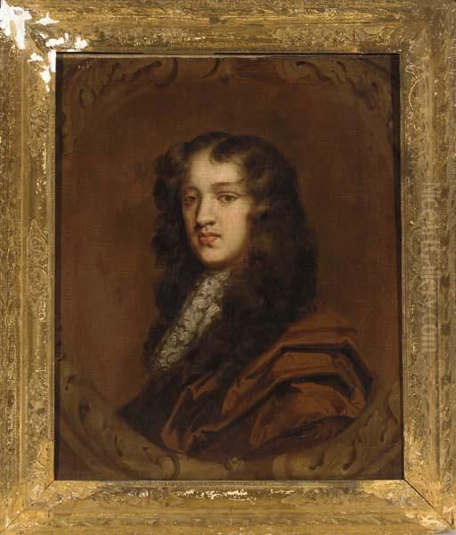 Portrait Of A Gentleman, 
Bust-length, In A Brown Wrap And Lace Jabot, Feigned Oval Cartouche Oil Painting by Sir Peter Lely