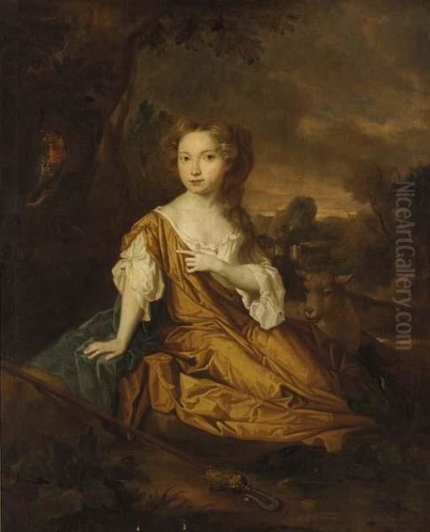 Portrait Of Miss Pearl Of 
Aconbury, Full-length, In A Yellow And White Dress, As A Shepherdess, In
 A Landscape by Sir Peter Lely