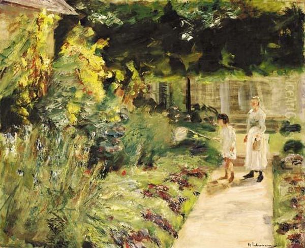 Die Enkelin Des Kunstlers Mit 
Ihrem Kindermadchen Im Nutzgarten Des Landhauses In Wannsee Oil Painting by Max Liebermann