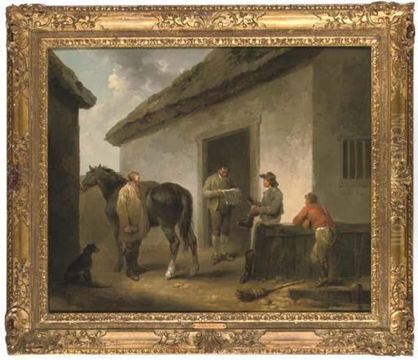 Reading The News: Horse And Grooms Outside A Stable Oil Painting by George Morland