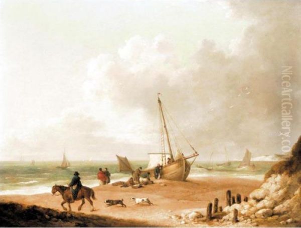 A Beached Fishing Smack And Other Sailing Vessels In Freshwater Bay, Isle Of Wight Oil Painting by George Morland