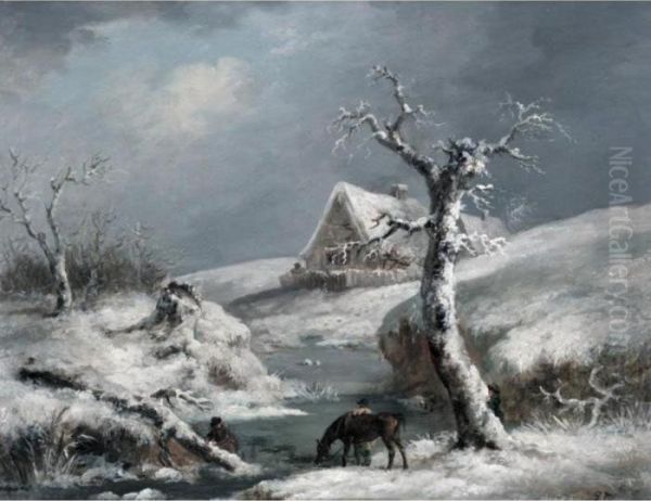 Figures By A Frozen Stream Oil Painting by George Morland