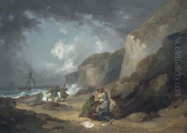 A Coastal Scene With Fisherfolk On The Shore Oil Painting by George Morland