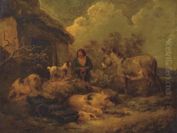 A Farmer In The Yard With Pigs Oil Painting by George Morland