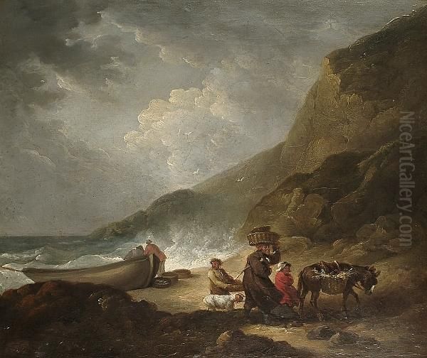 A Rocky Coastline With Travellers On The Beach Oil Painting by George Morland