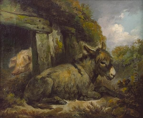 A Donkey And Pig In A Farmyard; And Sheep In A Pasture Oil Painting by George Morland