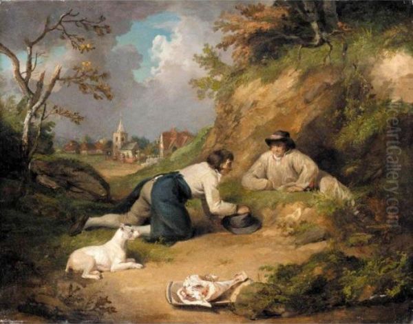 Two Men Hunting Rabbits With Their Dog, A Village Beyond Oil Painting by George Morland