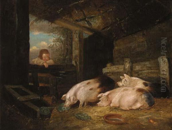 Pigs In A Sty With A Child At The Gate Oil Painting by George Morland